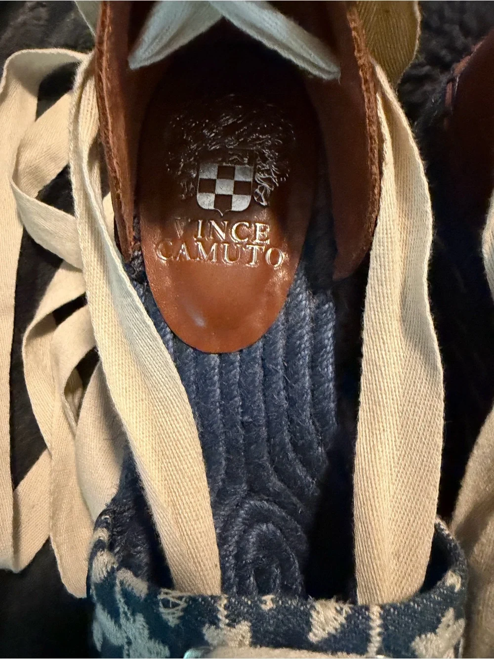 Vince Camuto Navy Blue Floral Espadrille with Cream Tie Ribbons
